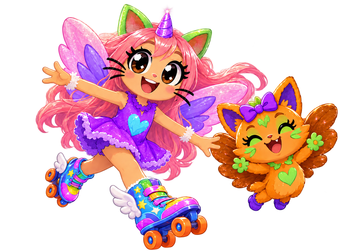 Charlotte with pink fairy wings and her little sister Peanut soar into a rainbow adventure